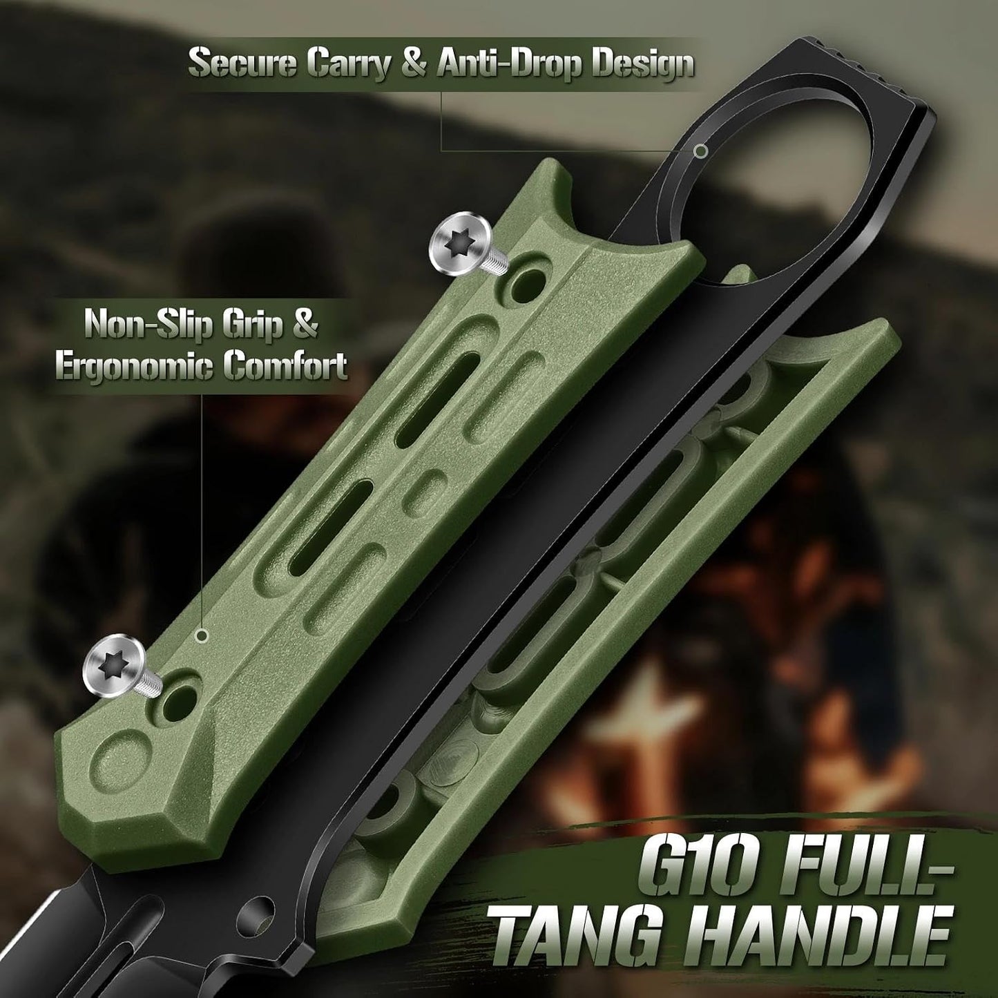 Tactical Fixed Blade Knife with Sheath - Survival Knives for Men | Full Tang D2 Steel Outdoor Camping Knife, Ergonomic Non-Slip Handle, Lightweight Design for Easy Carry, Gifts for Men