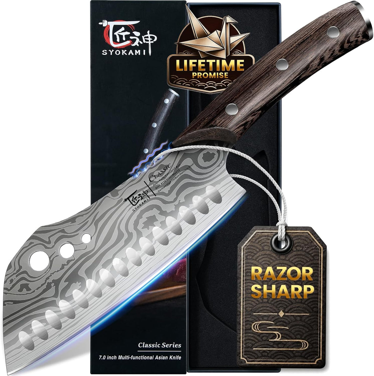 Cleaver Chef Knife with Herb Stripper, 7" Asian Kitchen Knife