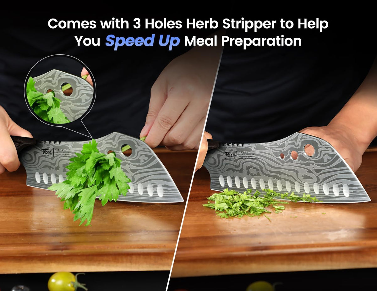 Cleaver Chef Knife with Herb Stripper, 7" Asian Kitchen Knife