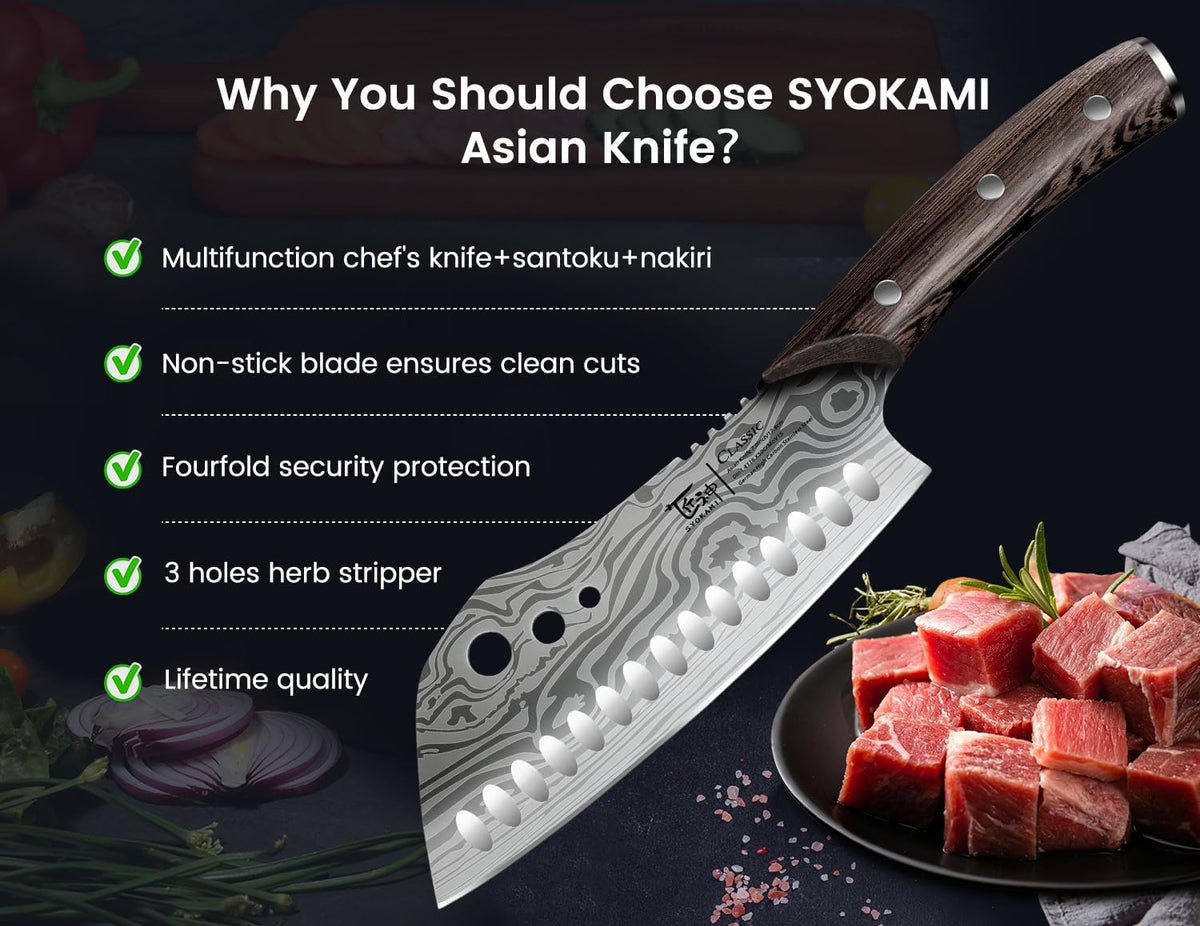 Cleaver Chef Knife with Herb Stripper, 7" Asian Kitchen Knife