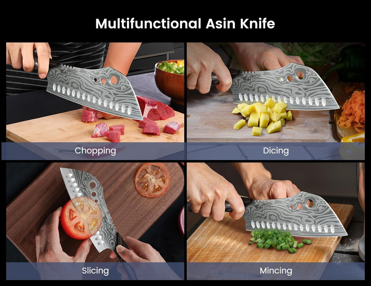 Cleaver Chef Knife with Herb Stripper, 7" Asian Kitchen Knife
