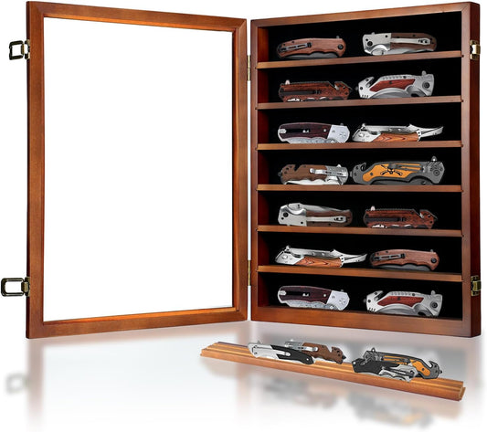 Knife Display Case for Collections, Pocket Knife Display Case with HD Tempered Glass, Lockable Storage Cases with Removable Shelves, Wall-Mounted 7-Layer Wood Cabinet, Walnut