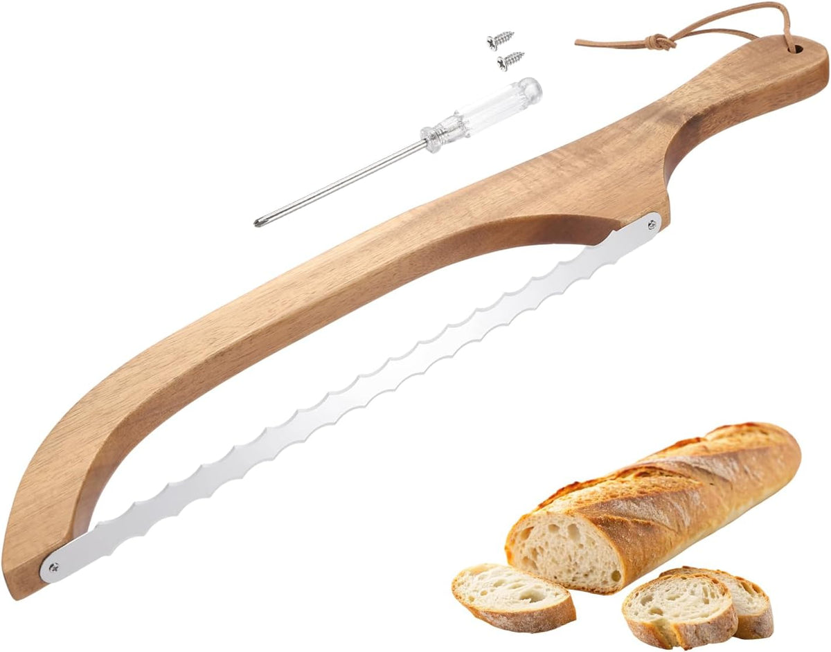 Bread Bow Knife, 16" Sourdough Knife with Cover Wooden Bread Slicer Stainless Steel Double-Sided Serrated Cutter for Homemade Bagels Baking, Deep Teak