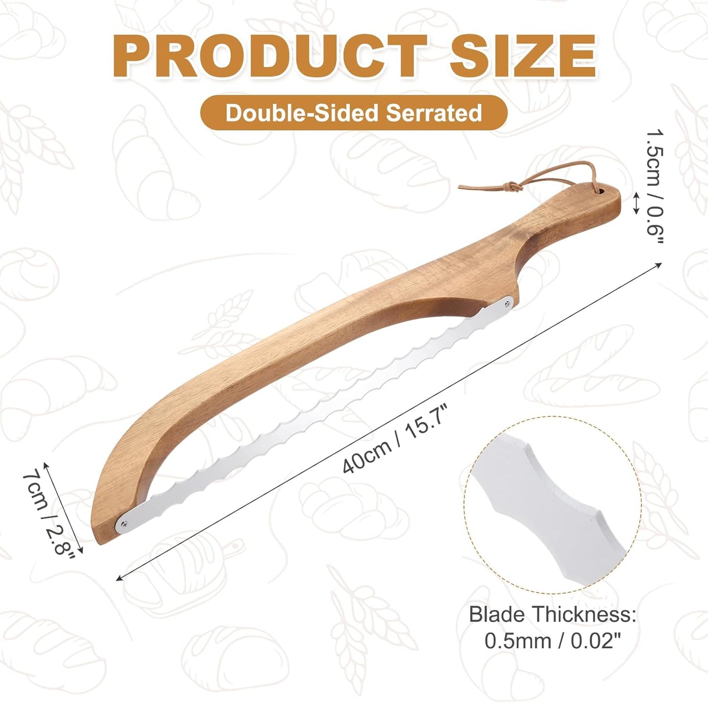Bread Bow Knife, 16" Sourdough Knife with Cover Wooden Bread Slicer Stainless Steel Double-Sided Serrated Cutter for Homemade Bagels Baking, Deep Teak