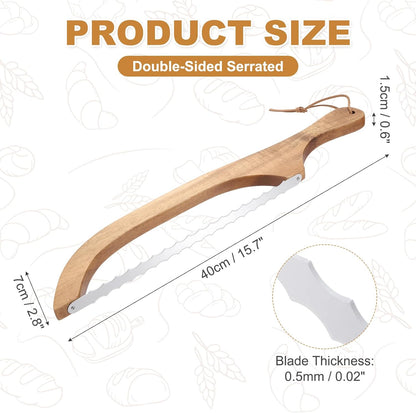 Bread Bow Knife, 16" Sourdough Knife with Cover Wooden Bread Slicer Stainless Steel Double-Sided Serrated Cutter for Homemade Bagels Baking, Deep Teak
