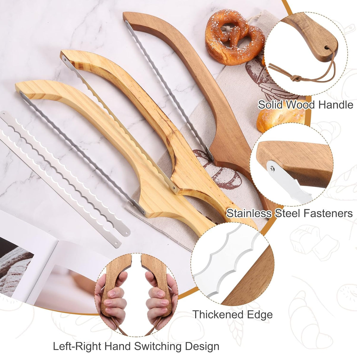 Bread Bow Knife, 16" Sourdough Knife with Cover Wooden Bread Slicer Stainless Steel Double-Sided Serrated Cutter for Homemade Bagels Baking, Deep Teak