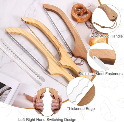 Bread Bow Knife, 16" Sourdough Knife with Cover Wooden Bread Slicer Stainless Steel Double-Sided Serrated Cutter for Homemade Bagels Baking, Deep Teak