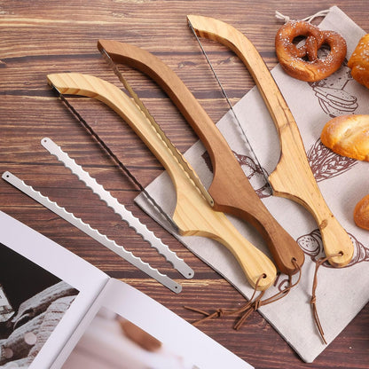 Bread Bow Knife, 16" Sourdough Knife with Cover Wooden Bread Slicer Stainless Steel Double-Sided Serrated Cutter for Homemade Bagels Baking, Deep Teak