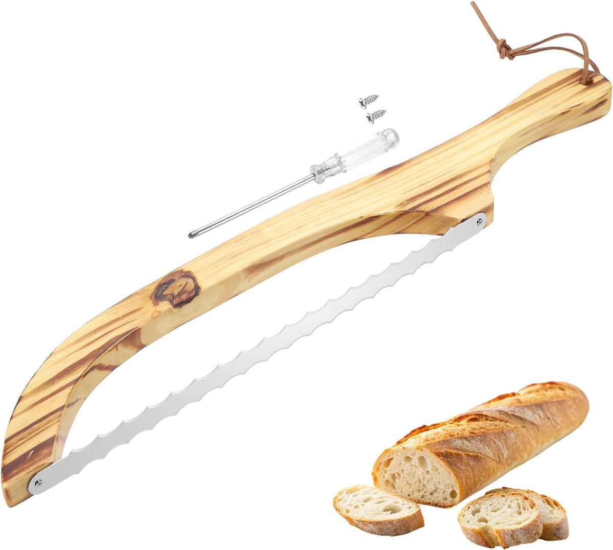 Bread Bow Knife, 16" Sourdough Knife with Cover Wooden Bread Slicer Stainless Steel Double-Sided Serrated Cutter for Homemade Bagels Baking, Deep Teak