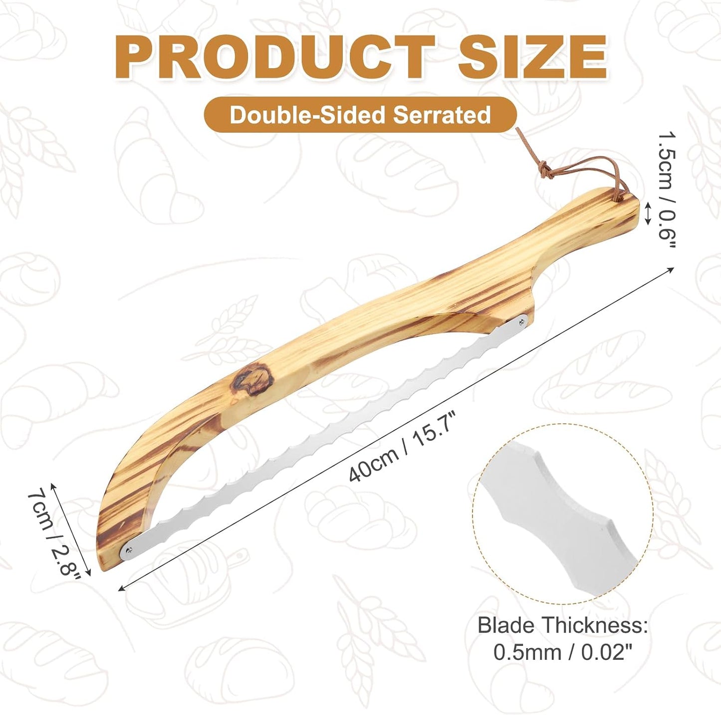 Bread Bow Knife, 16" Sourdough Knife with Cover Wooden Bread Slicer Stainless Steel Double-Sided Serrated Cutter for Homemade Bagels Baking, Deep Teak