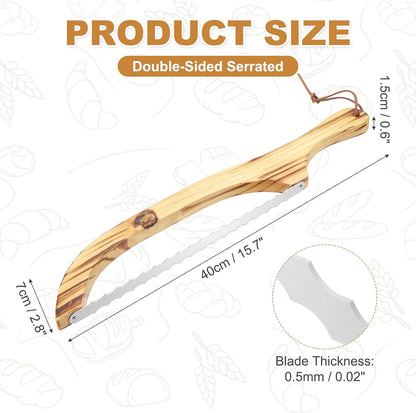 Bread Bow Knife, 16" Sourdough Knife with Cover Wooden Bread Slicer Stainless Steel Double-Sided Serrated Cutter for Homemade Bagels Baking, Deep Teak