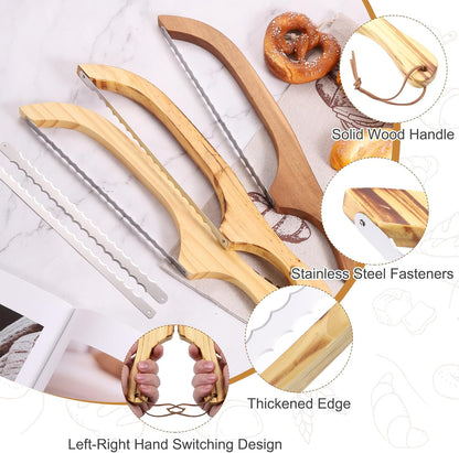 Bread Bow Knife, 16" Sourdough Knife with Cover Wooden Bread Slicer Stainless Steel Double-Sided Serrated Cutter for Homemade Bagels Baking, Deep Teak