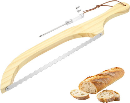 Bread Bow Knife, 16" Sourdough Knife with Cover Wooden Bread Slicer Stainless Steel Double-Sided Serrated Cutter for Homemade Bagels Baking, Deep Teak