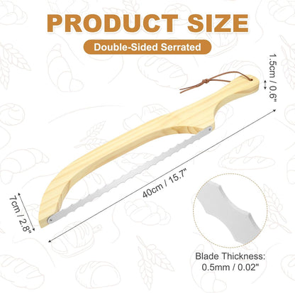 Bread Bow Knife, 16" Sourdough Knife with Cover Wooden Bread Slicer Stainless Steel Double-Sided Serrated Cutter for Homemade Bagels Baking, Deep Teak