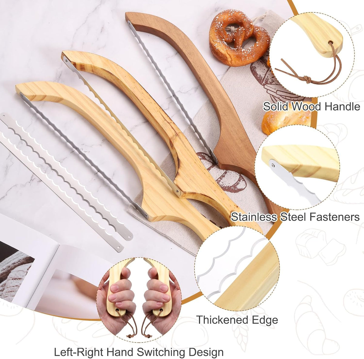 Bread Bow Knife, 16" Sourdough Knife with Cover Wooden Bread Slicer Stainless Steel Double-Sided Serrated Cutter for Homemade Bagels Baking, Deep Teak