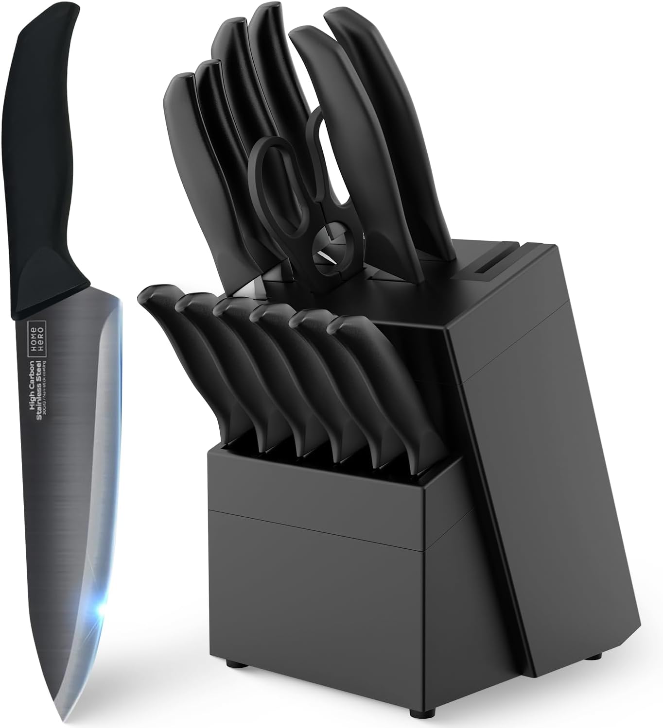 High Carbon Stainless Steel Knife Set - Chef Knife Set Precision Slicing & Versatility - Nonstick Ceramic Coated Blades & Easy Cleaning - Ergonomic Handles & Secure Grip - 12-Piece, Black