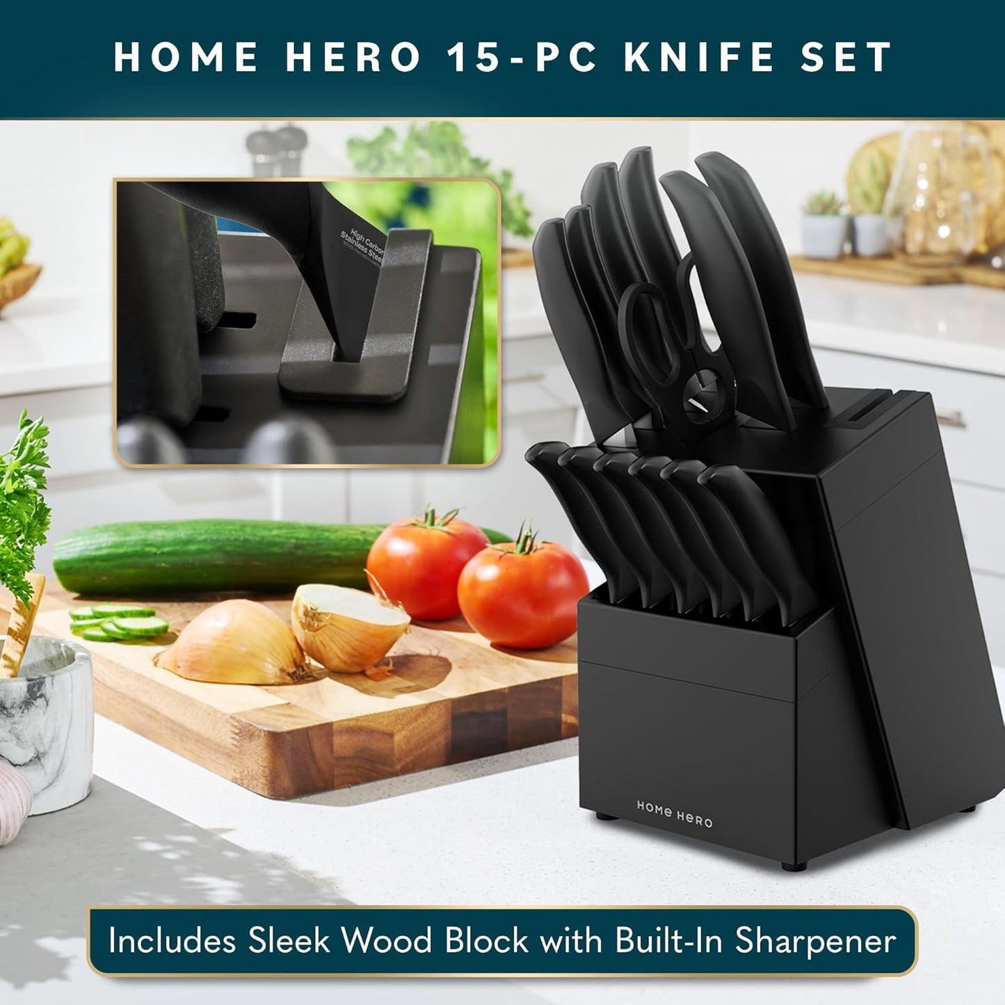 High Carbon Stainless Steel Knife Set - Chef Knife Set Precision Slicing & Versatility - Nonstick Ceramic Coated Blades & Easy Cleaning - Ergonomic Handles & Secure Grip - 12-Piece, Black