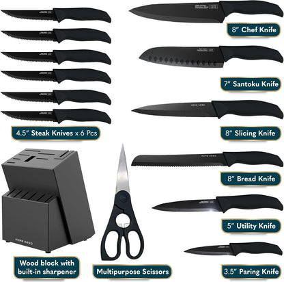 High Carbon Stainless Steel Knife Set - Chef Knife Set Precision Slicing & Versatility - Nonstick Ceramic Coated Blades & Easy Cleaning - Ergonomic Handles & Secure Grip - 12-Piece, Black