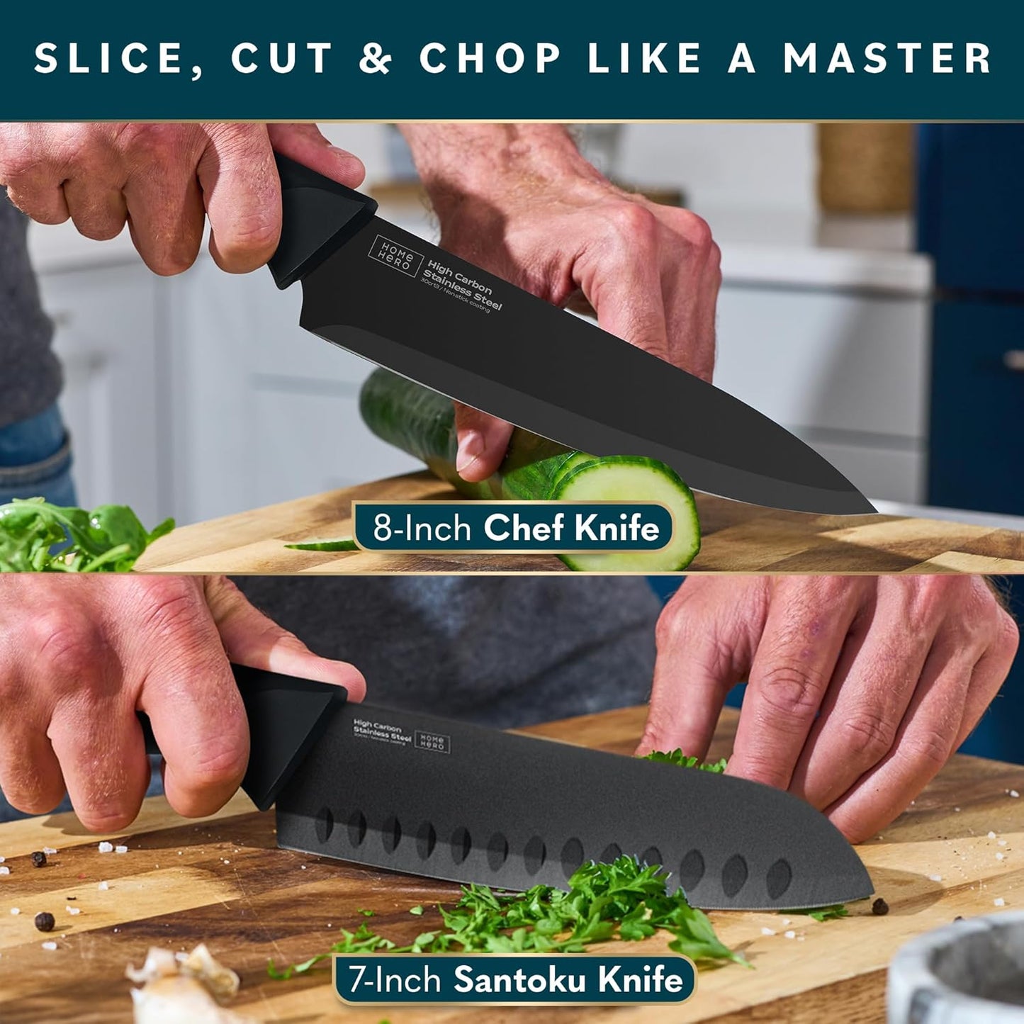 High Carbon Stainless Steel Knife Set - Chef Knife Set Precision Slicing & Versatility - Nonstick Ceramic Coated Blades & Easy Cleaning - Ergonomic Handles & Secure Grip - 12-Piece, Black
