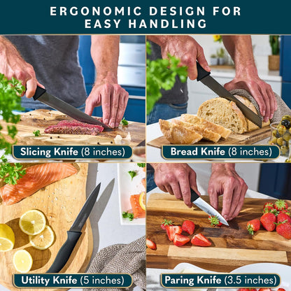 High Carbon Stainless Steel Knife Set - Chef Knife Set Precision Slicing & Versatility - Nonstick Ceramic Coated Blades & Easy Cleaning - Ergonomic Handles & Secure Grip - 12-Piece, Black