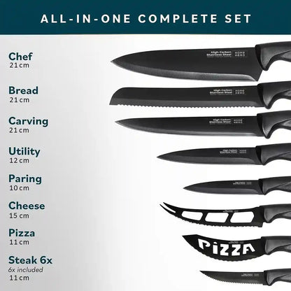 High Carbon Stainless Steel Knife Set - Chef Knife Set Precision Slicing & Versatility - Nonstick Ceramic Coated Blades & Easy Cleaning - Ergonomic Handles & Secure Grip - 12-Piece, Black