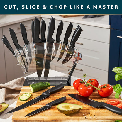 High Carbon Stainless Steel Knife Set - Chef Knife Set Precision Slicing & Versatility - Nonstick Ceramic Coated Blades & Easy Cleaning - Ergonomic Handles & Secure Grip - 12-Piece, Black