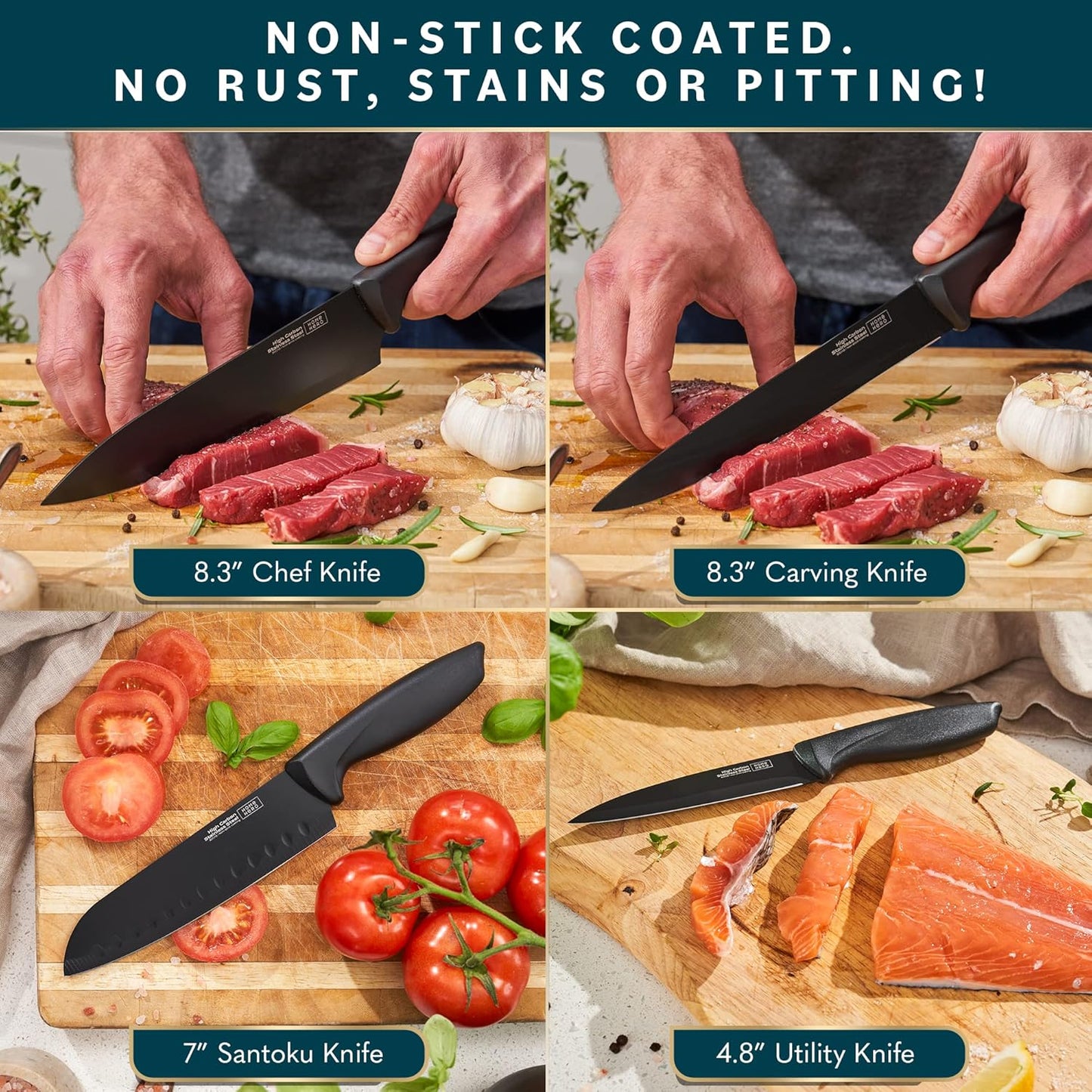 High Carbon Stainless Steel Knife Set - Chef Knife Set Precision Slicing & Versatility - Nonstick Ceramic Coated Blades & Easy Cleaning - Ergonomic Handles & Secure Grip - 12-Piece, Black