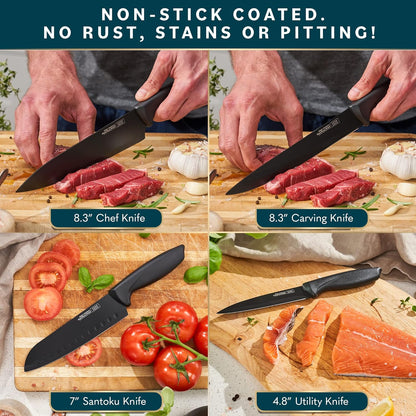 High Carbon Stainless Steel Knife Set - Chef Knife Set Precision Slicing & Versatility - Nonstick Ceramic Coated Blades & Easy Cleaning - Ergonomic Handles & Secure Grip - 12-Piece, Black