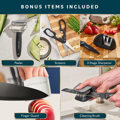 High Carbon Stainless Steel Knife Set - Chef Knife Set Precision Slicing & Versatility - Nonstick Ceramic Coated Blades & Easy Cleaning - Ergonomic Handles & Secure Grip - 12-Piece, Black