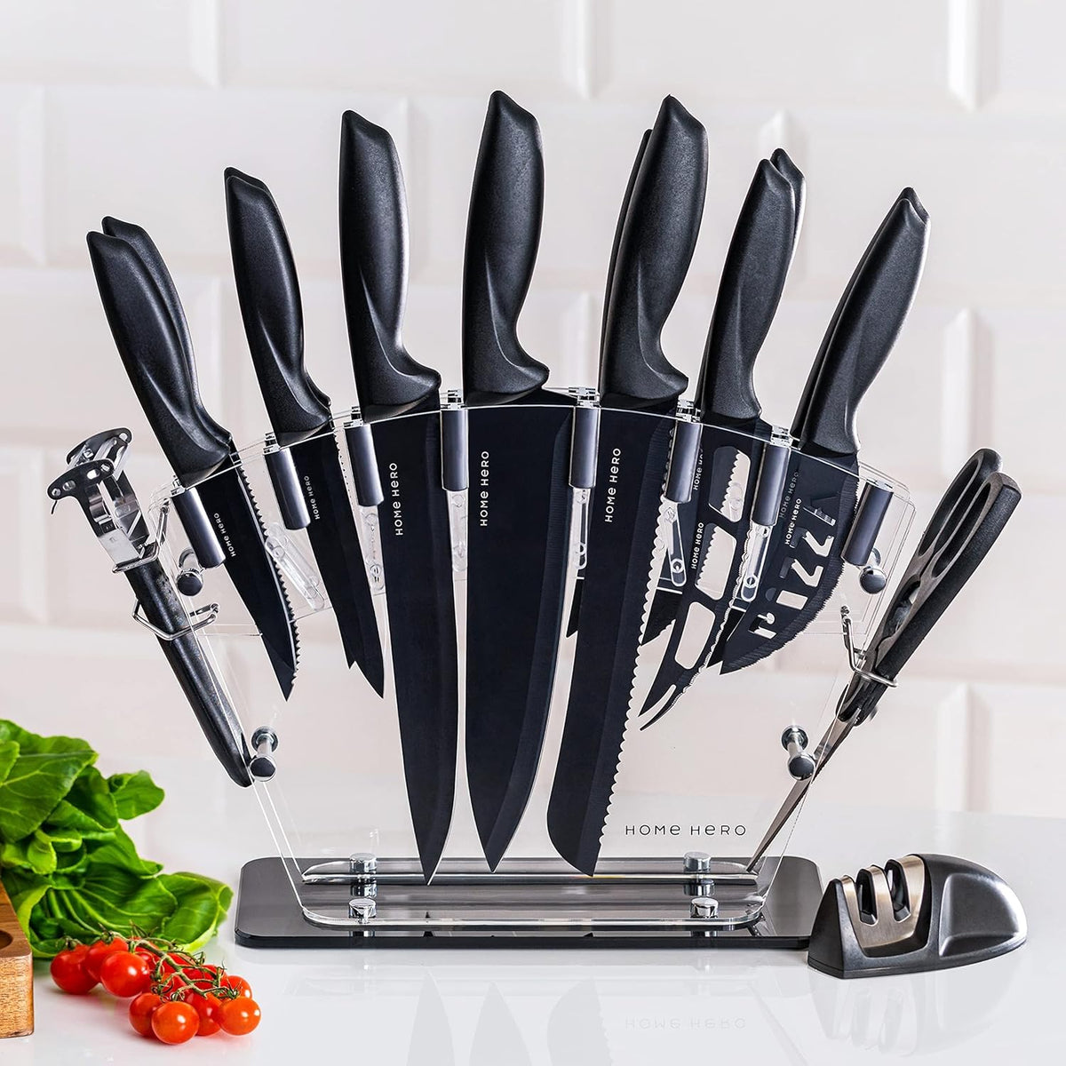 High Carbon Stainless Steel Knife Set - Chef Knife Set Precision Slicing & Versatility - Nonstick Ceramic Coated Blades & Easy Cleaning - Ergonomic Handles & Secure Grip - 12-Piece, Black