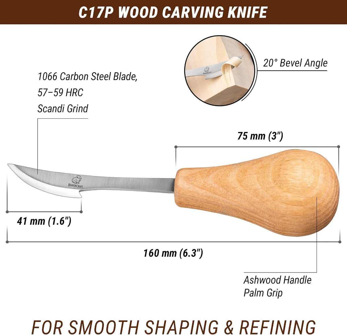 Wood Carving Knife C17P - Sloyd Chip Carving Knife Carbon Steel - Whittling Knives for Beginners and Professionals - Wood Whittling Tools Woodworking Palm Chisel