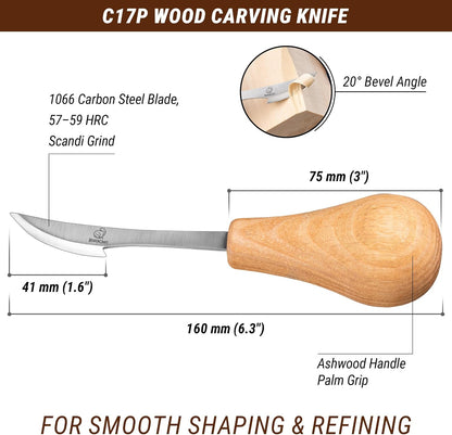 Wood Carving Knife C17P - Sloyd Chip Carving Knife Carbon Steel - Whittling Knives for Beginners and Professionals - Wood Whittling Tools Woodworking Palm Chisel