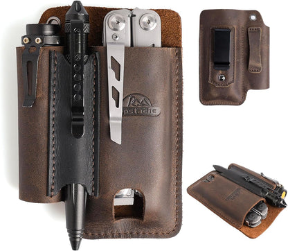 Leather Multitool Sheath with Belt Clip - Multi Tool Holster for Belt - EDC Belt Organizer Fits Multitool, Flashlight, Pen - Leather EDC Pouch, DarkBrown