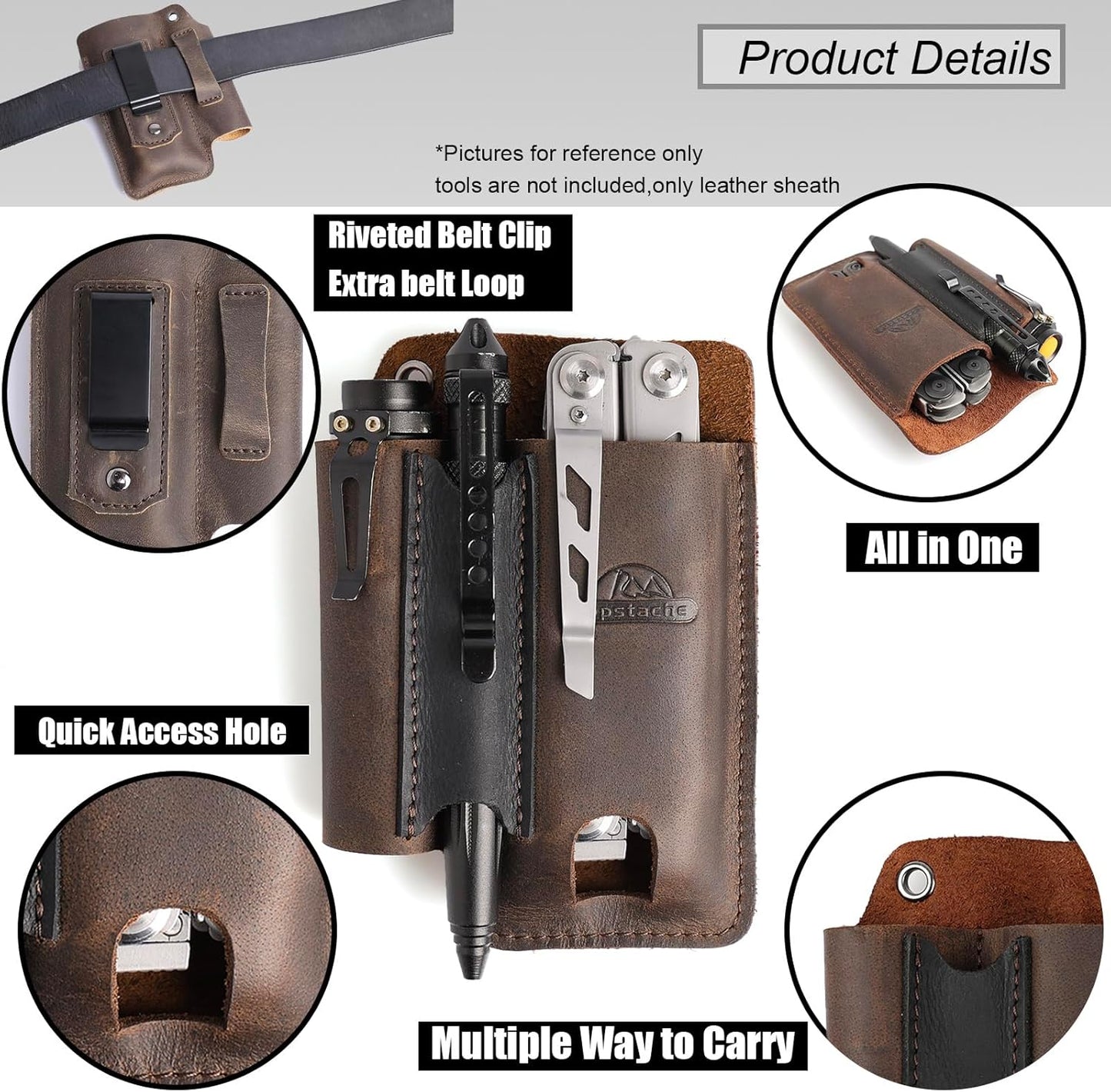 Leather Multitool Sheath with Belt Clip - Multi Tool Holster for Belt - EDC Belt Organizer Fits Multitool, Flashlight, Pen - Leather EDC Pouch, DarkBrown
