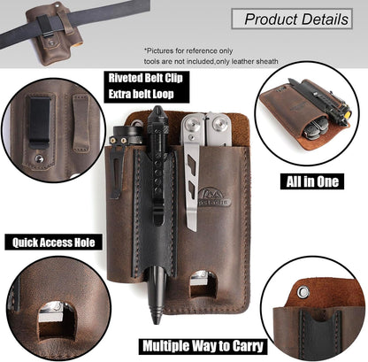 Leather Multitool Sheath with Belt Clip - Multi Tool Holster for Belt - EDC Belt Organizer Fits Multitool, Flashlight, Pen - Leather EDC Pouch, DarkBrown
