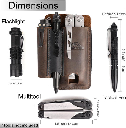 Leather Multitool Sheath with Belt Clip - Multi Tool Holster for Belt - EDC Belt Organizer Fits Multitool, Flashlight, Pen - Leather EDC Pouch, DarkBrown