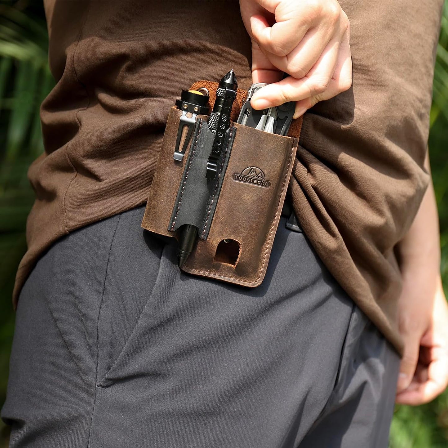 Leather Multitool Sheath with Belt Clip - Multi Tool Holster for Belt - EDC Belt Organizer Fits Multitool, Flashlight, Pen - Leather EDC Pouch, DarkBrown