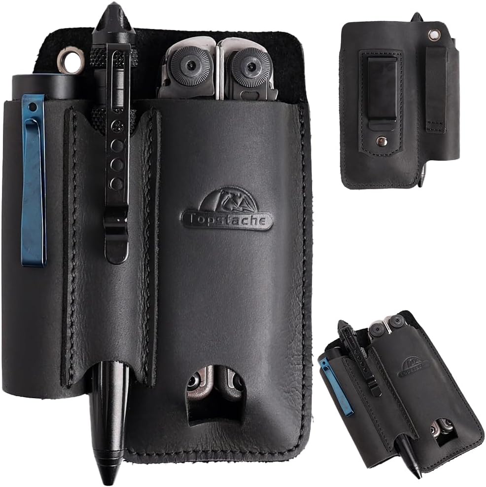 Leather Multitool Sheath with Belt Clip - Multi Tool Holster for Belt - EDC Belt Organizer Fits Multitool, Flashlight, Pen - Leather EDC Pouch, DarkBrown