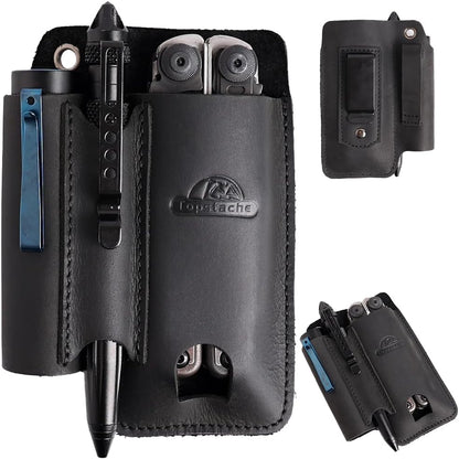 Leather Multitool Sheath with Belt Clip - Multi Tool Holster for Belt - EDC Belt Organizer Fits Multitool, Flashlight, Pen - Leather EDC Pouch, DarkBrown