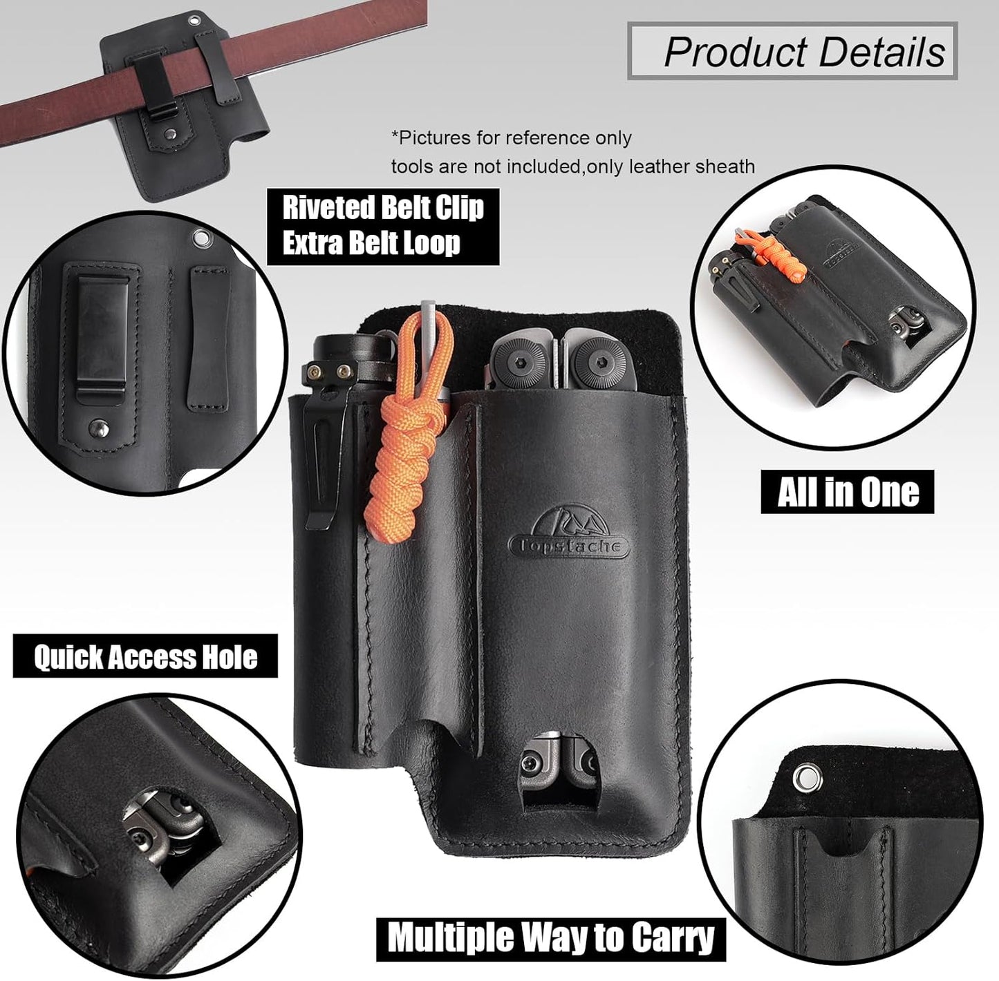 Leather Multitool Sheath with Belt Clip - Multi Tool Holster for Belt - EDC Belt Organizer Fits Multitool, Flashlight, Pen - Leather EDC Pouch, DarkBrown