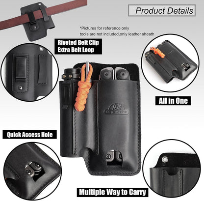 Leather Multitool Sheath with Belt Clip - Multi Tool Holster for Belt - EDC Belt Organizer Fits Multitool, Flashlight, Pen - Leather EDC Pouch, DarkBrown