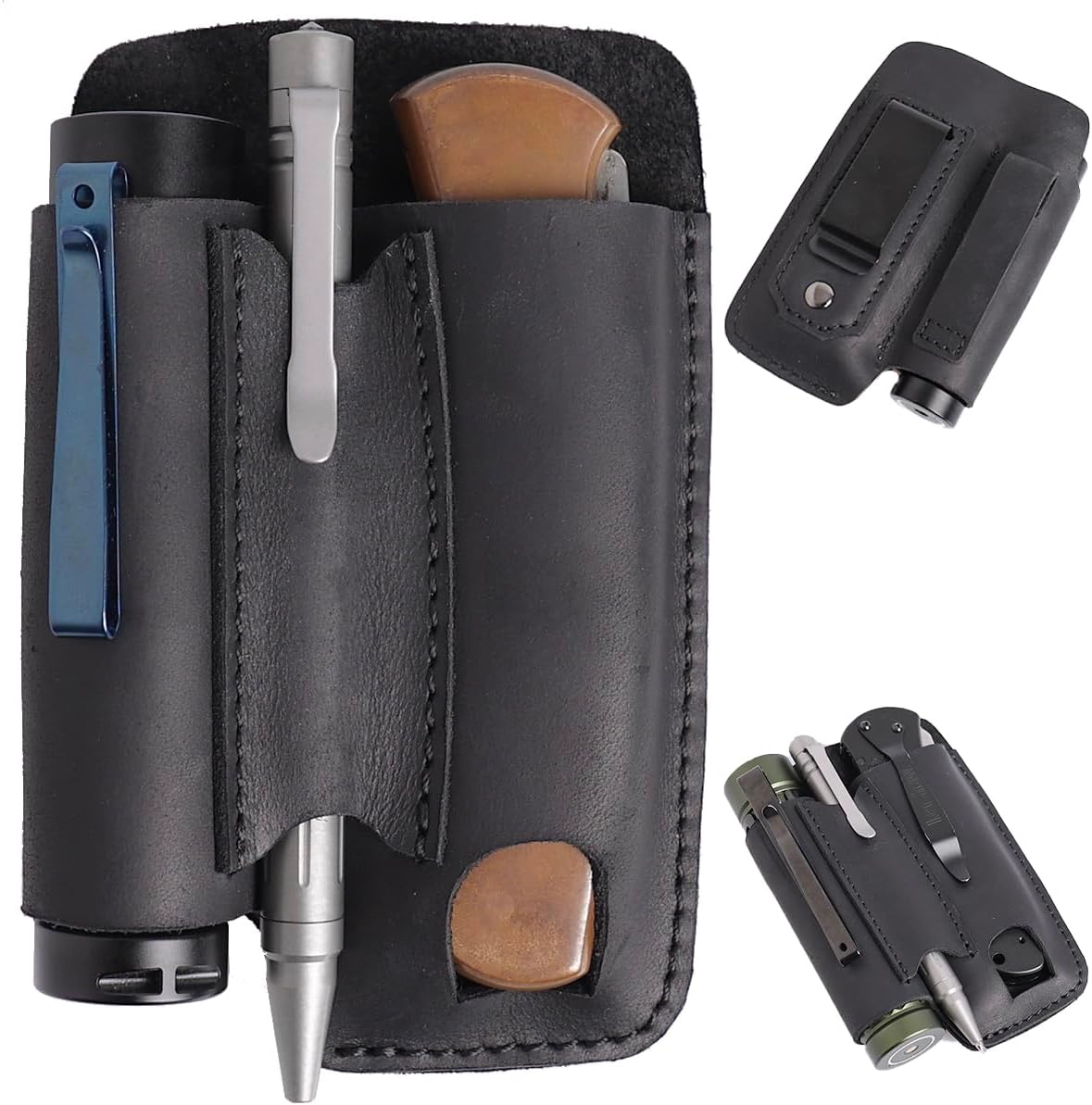 Leather Multitool Sheath with Belt Clip - Multi Tool Holster for Belt - EDC Belt Organizer Fits Multitool, Flashlight, Pen - Leather EDC Pouch, DarkBrown