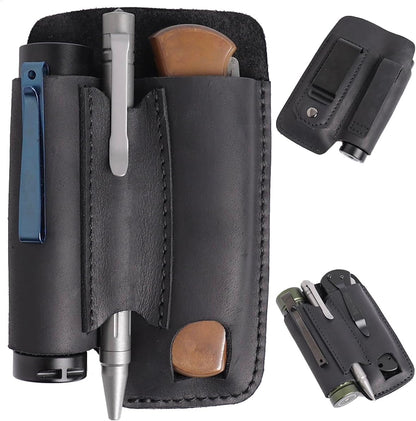 Leather Multitool Sheath with Belt Clip - Multi Tool Holster for Belt - EDC Belt Organizer Fits Multitool, Flashlight, Pen - Leather EDC Pouch, DarkBrown