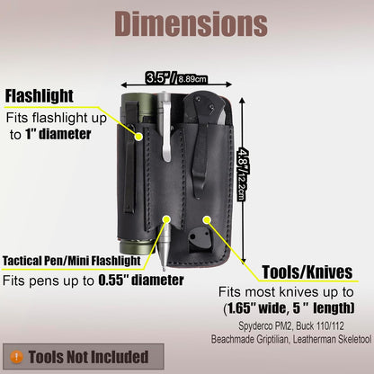 Leather Multitool Sheath with Belt Clip - Multi Tool Holster for Belt - EDC Belt Organizer Fits Multitool, Flashlight, Pen - Leather EDC Pouch, DarkBrown
