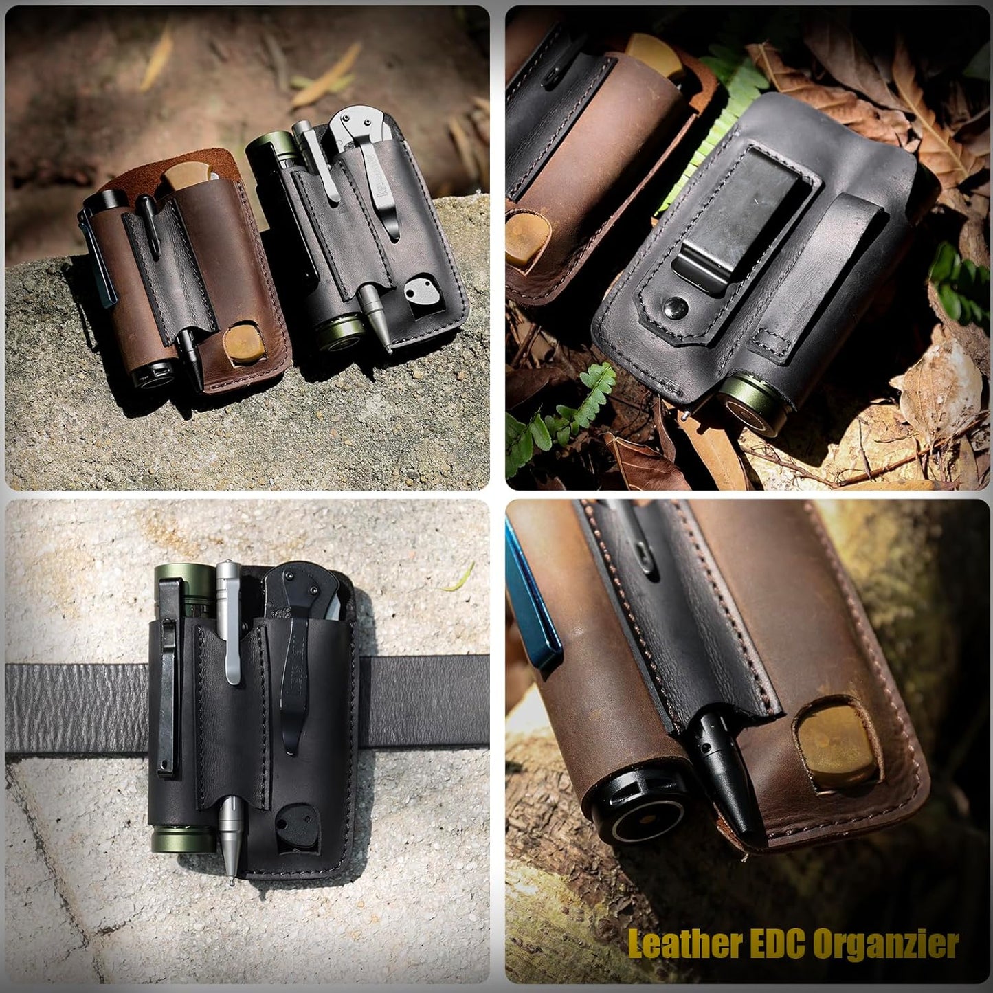 Leather Multitool Sheath with Belt Clip - Multi Tool Holster for Belt - EDC Belt Organizer Fits Multitool, Flashlight, Pen - Leather EDC Pouch, DarkBrown