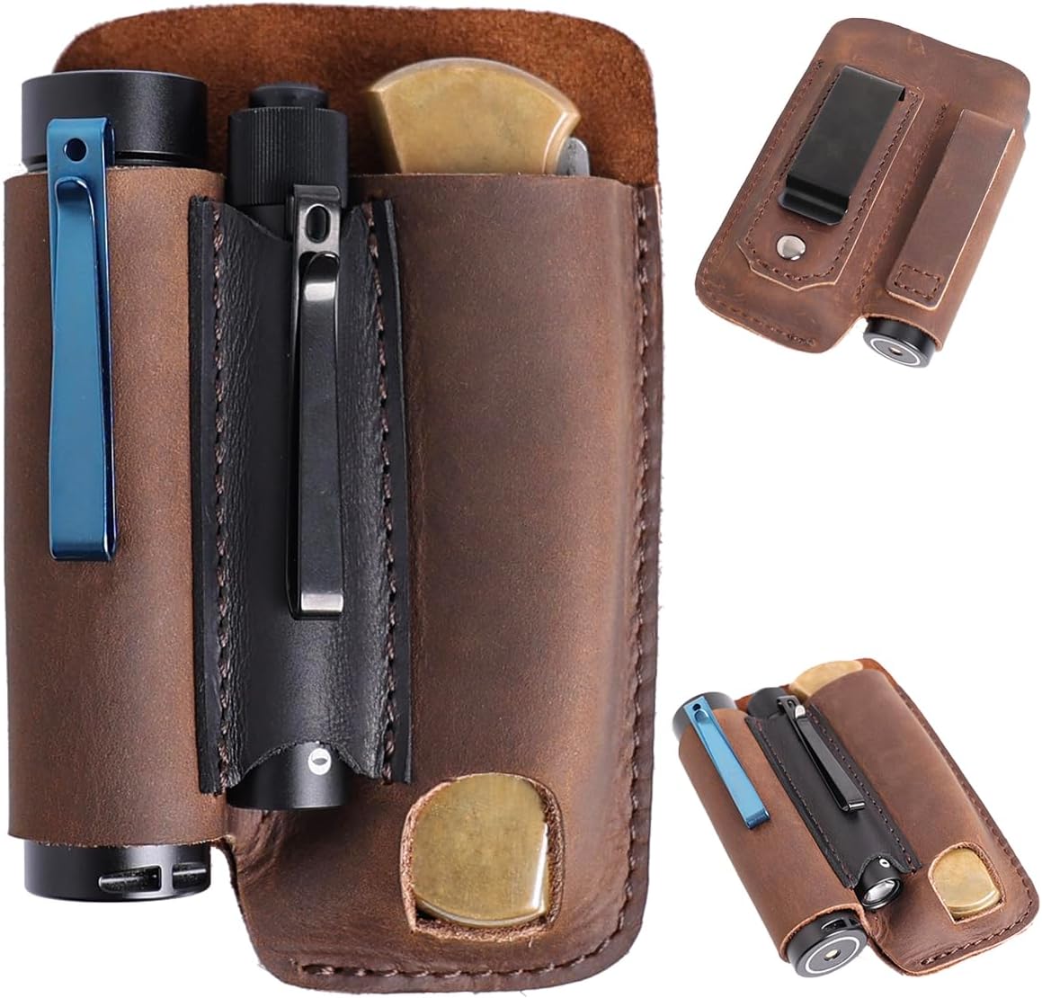 Leather Multitool Sheath with Belt Clip - Multi Tool Holster for Belt - EDC Belt Organizer Fits Multitool, Flashlight, Pen - Leather EDC Pouch, DarkBrown