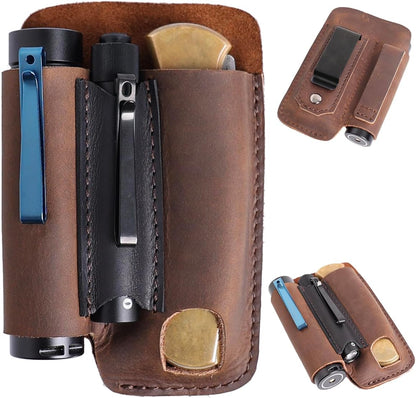 Leather Multitool Sheath with Belt Clip - Multi Tool Holster for Belt - EDC Belt Organizer Fits Multitool, Flashlight, Pen - Leather EDC Pouch, DarkBrown