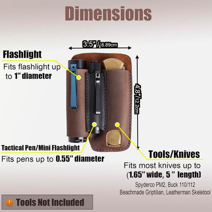 Leather Multitool Sheath with Belt Clip - Multi Tool Holster for Belt - EDC Belt Organizer Fits Multitool, Flashlight, Pen - Leather EDC Pouch, DarkBrown