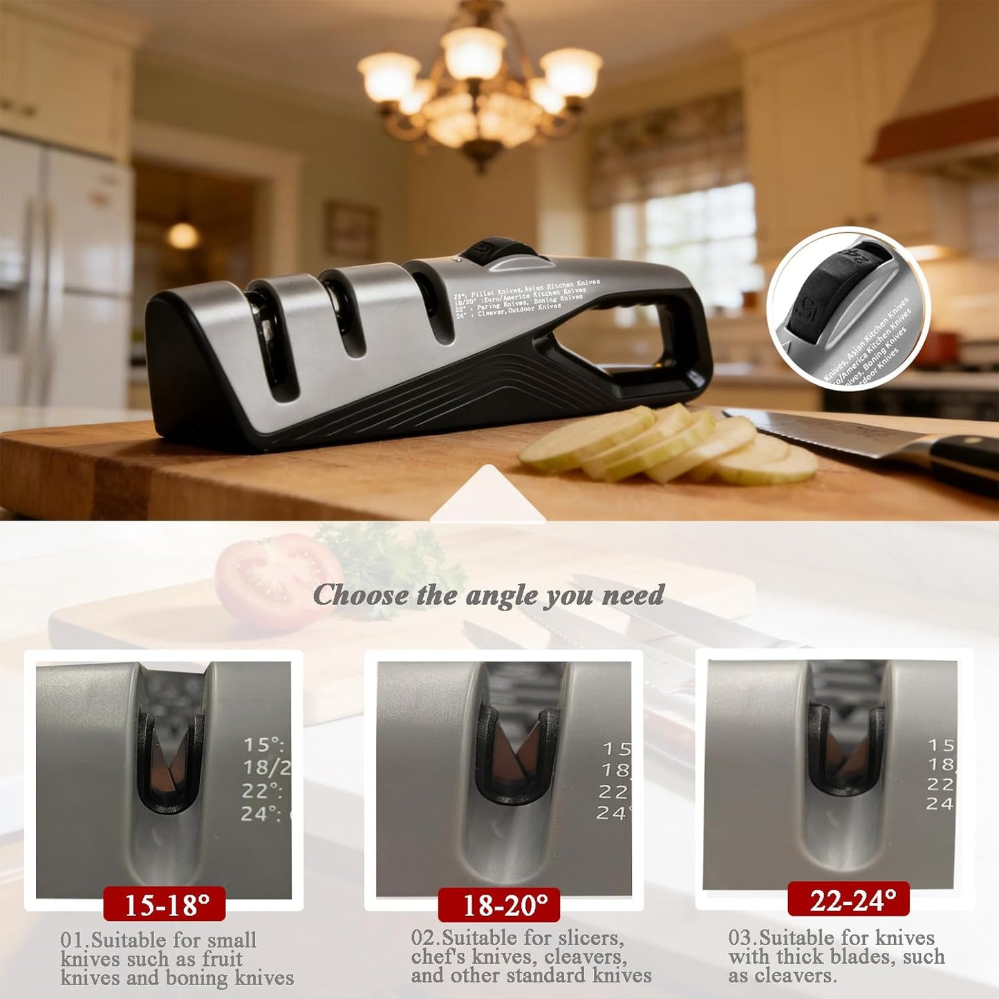 Kitchen Knife Sharpener | 5 Adjustable Sharpening Angles, Coarse & Fine, Manual, For Pocket Knives