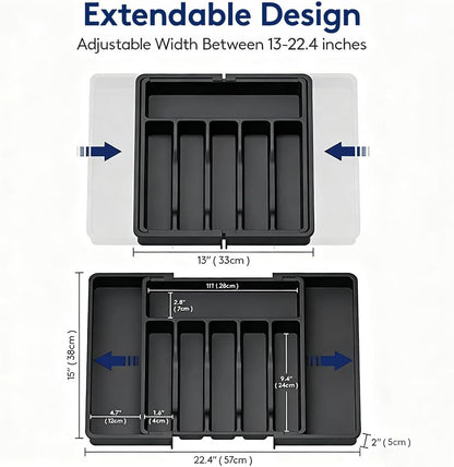 Expandable Large Silverware Tray For Drawer Organizer, Kitchen Cooking Utensil Drawer Organizer For Spoons Forks Knives, Adjustable Cutlery Flatware Holder 13"-22.4" X 14.7" X 2" (Black)